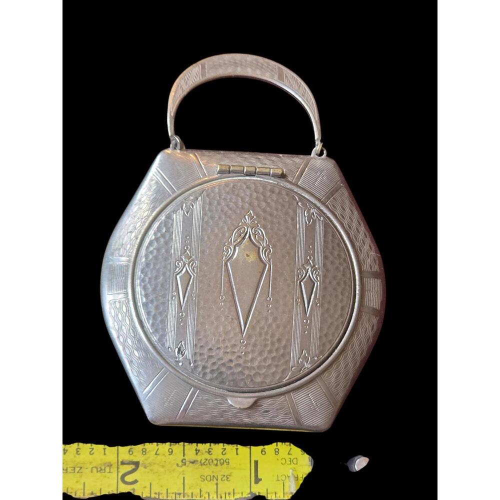 Vintage 1920s Art Deco Hexagon Dance Compact Purse | Silver Tone Engraved Case
